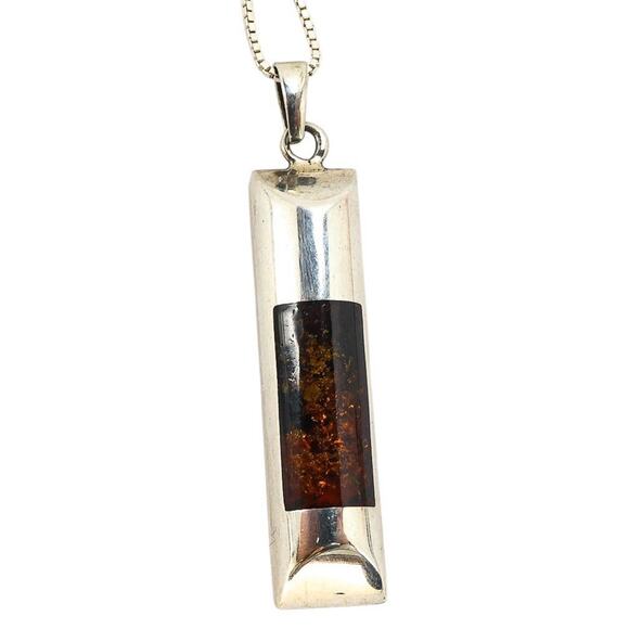 Signed JZ Sterling Silver Modernist Amber Pendant Necklace Baltic Amber Inlay - Picture 5 of 10